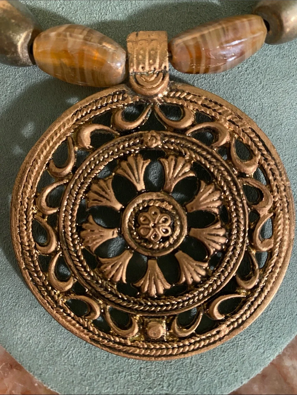 Boho Statement Necklace Mixed Beads Large Gold Tone Medallion Pendant